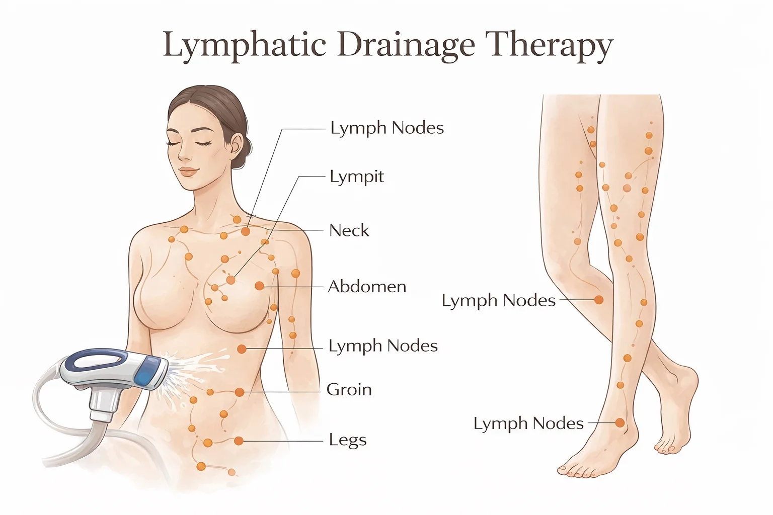 Illustration of hydro lymphatic drainage therapy showing lymph nodes and body treatment areas