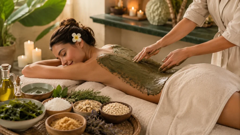 Natural wellness body care ritual with exfoliation and botanical ingredients