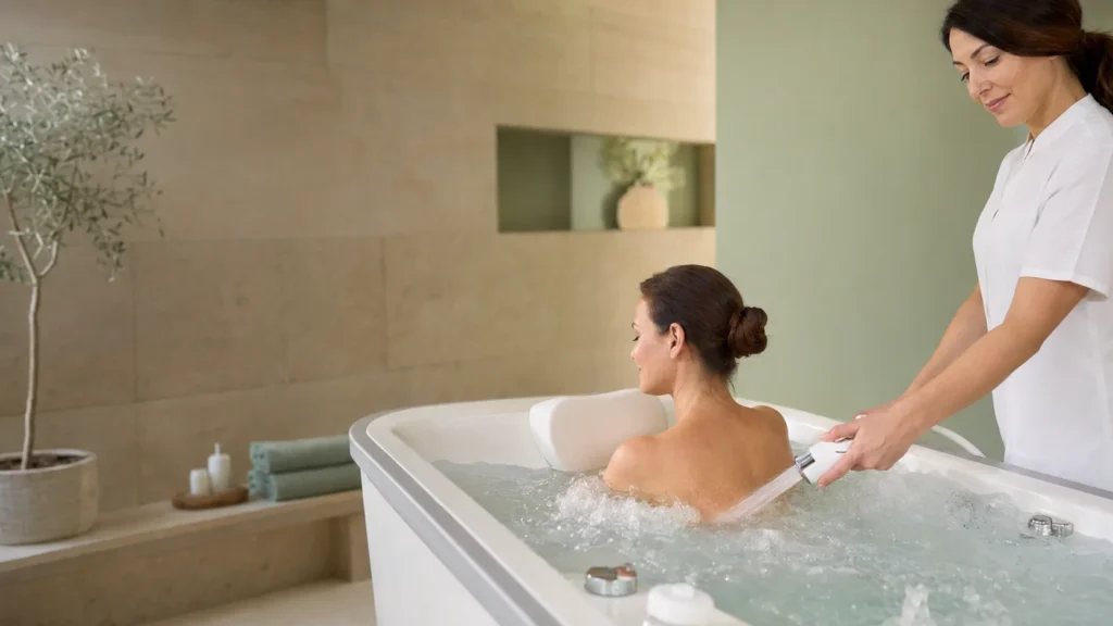 Woman receiving hydromassage for back pain in a spa bath.