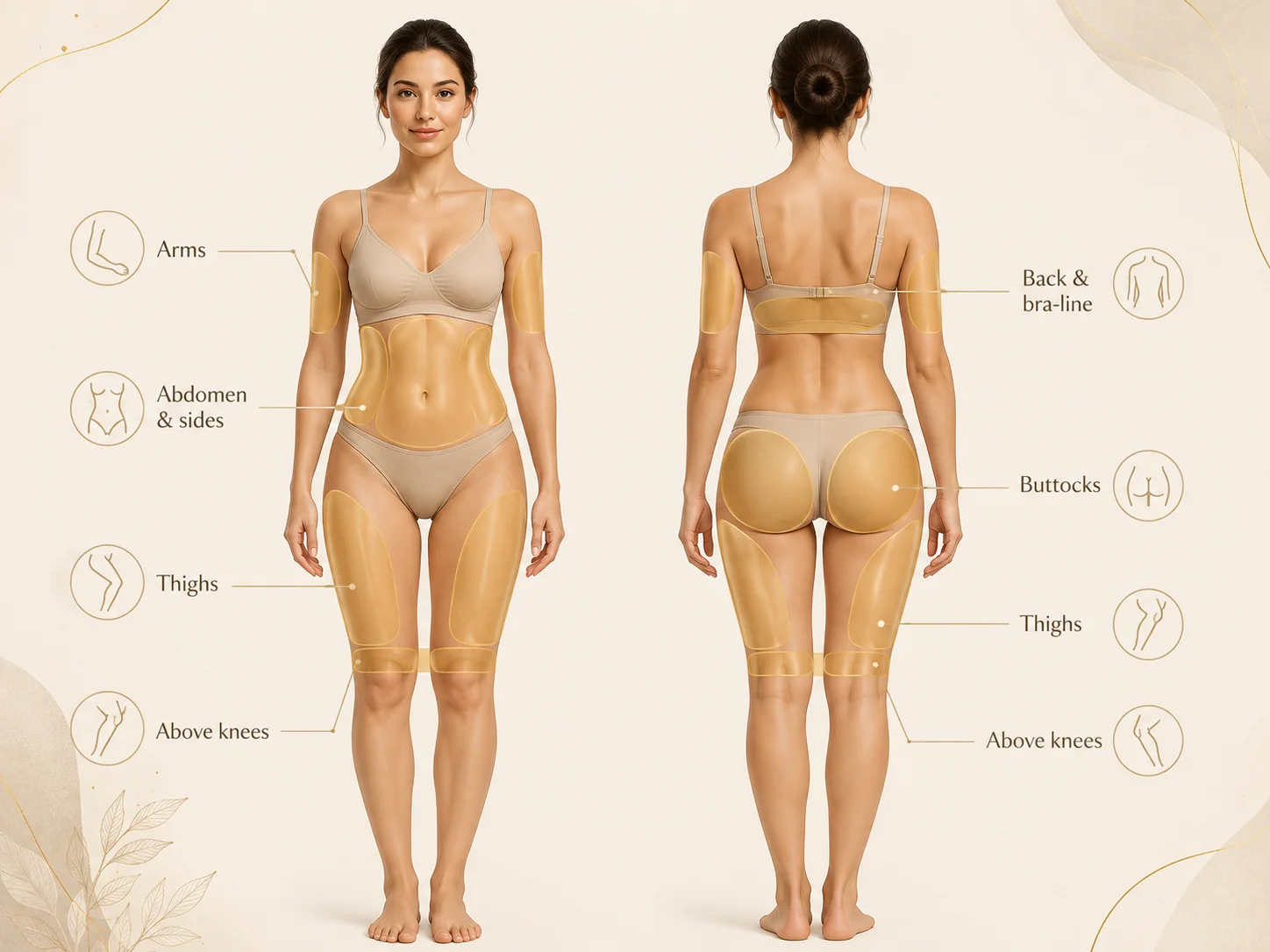Body contouring treatment areas including abdomen, thighs, arms, back and buttocks